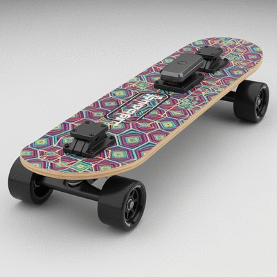 Custom electric skateboard with unique deck design and upgraded components