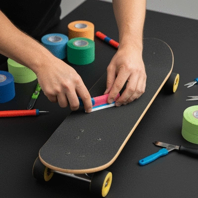 Close-up of a person applying custom grip tape to an electric skateboard deck, with various tools and colorful grip tape rolls in the background. The focus is on the hands and the board deck.
