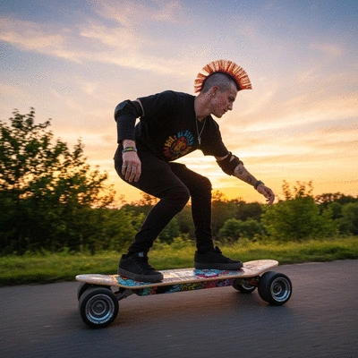 Person riding a customized electric skateboard on a scenic path, clean background