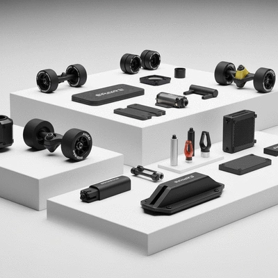 Assortment of high-quality electric skateboard parts on display