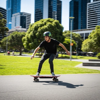 Electric skateboarder riding through a city park in Australia, enjoying the ride