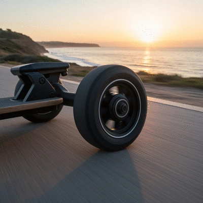 Close-up of an electric skateboard wheel with blurred background of a scenic coastal path, conveying speed and freedom. No text, no words, no typography, no labels, clean image.