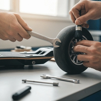 Close-up of hands performing maintenance on an electric skateboard wheel