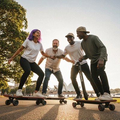 Diverse group of people gathered with electric skateboards, laughing and interacting in an outdoor setting
