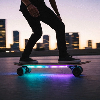 Electric skateboard with custom LED underglow lights, cruising at dusk, showing off vibrant colors against a blurred city background. The board is in motion, creating a sense of speed and style.
