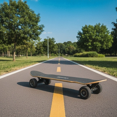 Electric skateboard on a smooth bike path in a park