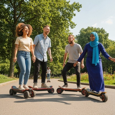 Group of friends riding electric skateboards in a park, enjoying the community