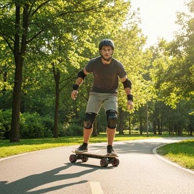 Person in protective gear riding an electric skateboard on a paved path, demonstrating safe riding practices