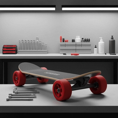 Electric skateboard being customized with new wheels in a workshop, clean background