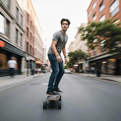 Person riding an electric skateboard through a city street with blurred background