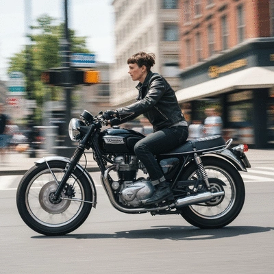 Person riding an electric skateboard through a city street with blurred background